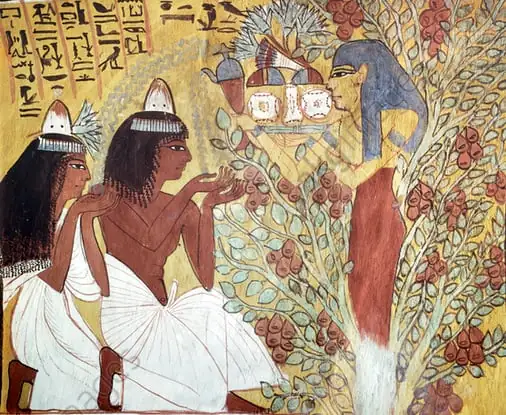 Depiction of a deceased couple and their Ba-souls supported by the sycamore goddess, symbolizing spiritual transition in ancient Egypt