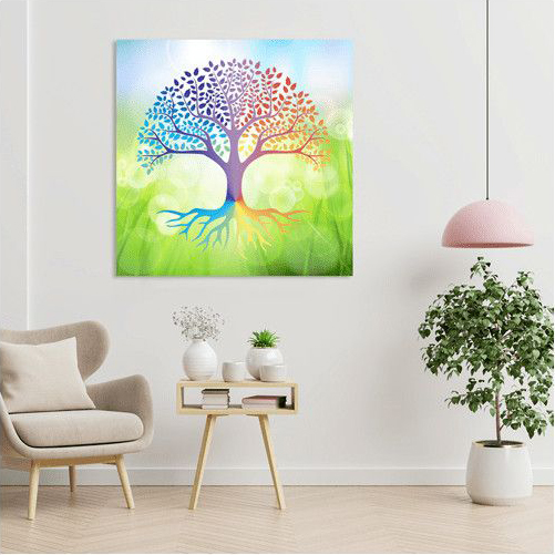 Zen-Zimmer mit einem Tablett Lebensbaum, einem Bild Blume des Lebens und einer Buddha-Statue, die eine heitere und harmonische Atmosphäre schaffen