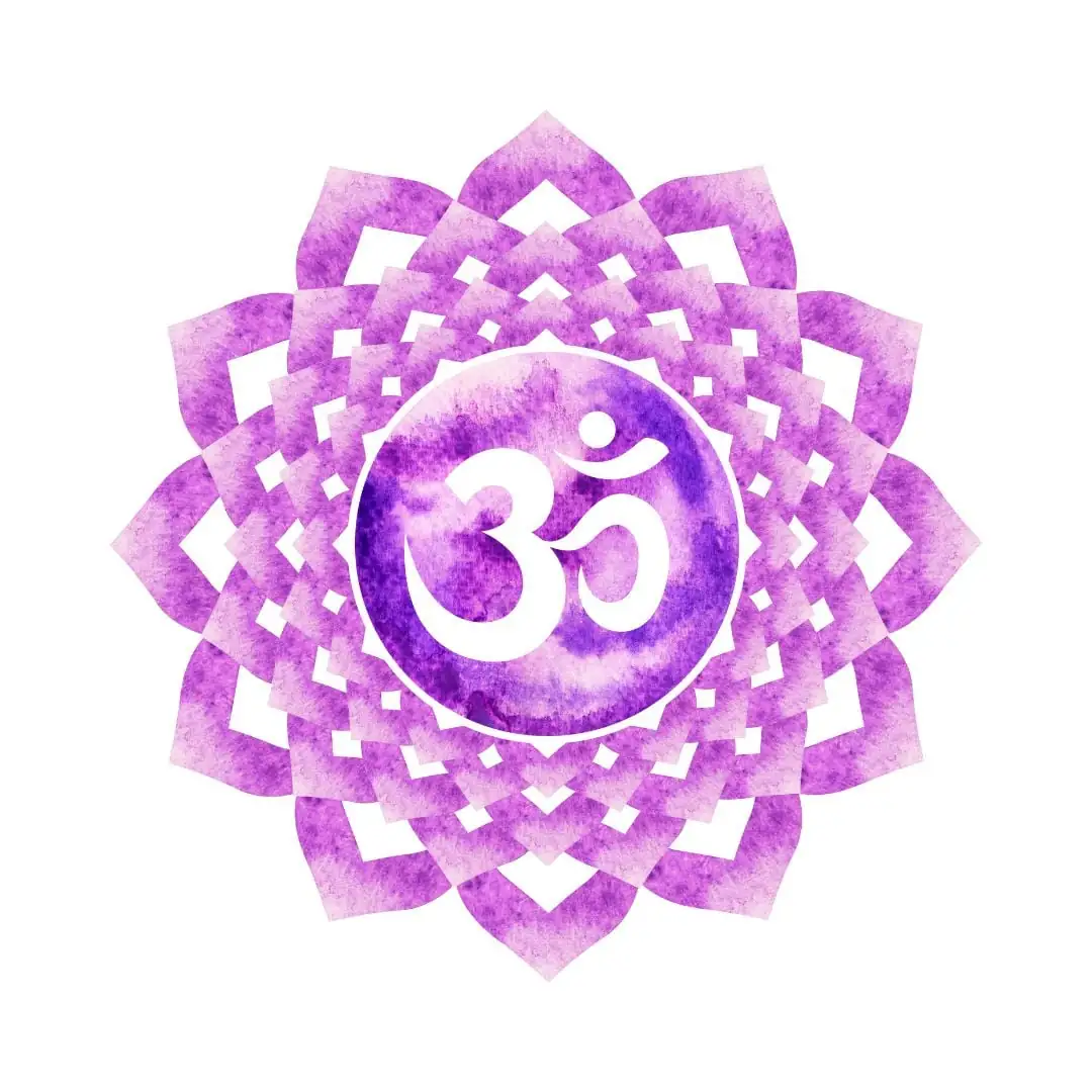 Symbole du chakra couronne, représentant la connexion spirituelle, l'éveil de la conscience supérieure et l'unité avec l'univers, avec un lotus à mille pétales et une couleur violette ou blanche