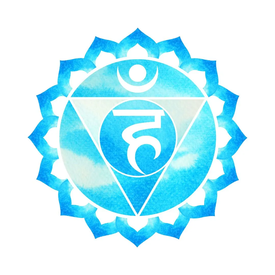 Symbole du chakra de la gorge, représentant la communication claire, l'expression authentique et l'écoute, avec un lotus à seize pétales et une couleur bleue vibrante