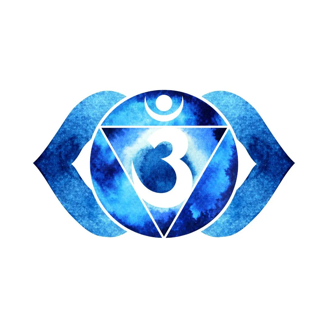 Symbole du chakra du troisième œil, représentant l'intuition, la perception spirituelle et la clairvoyance, avec un lotus à deux pétales et une couleur indigo vibrante