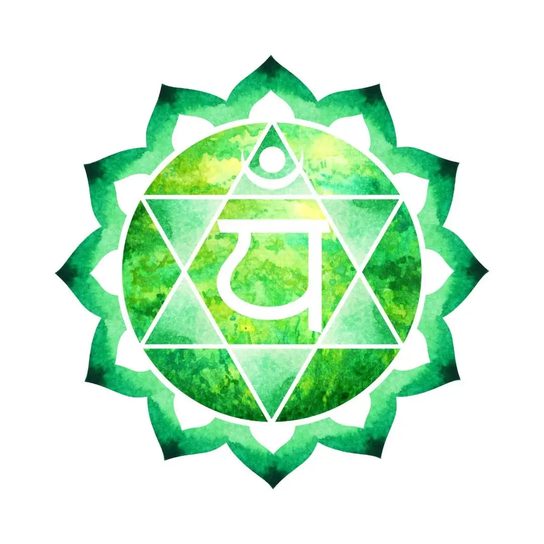 Symbole du chakra du cœur, représentant l'amour, la compassion et la guérison intérieure, avec un lotus à douze pétales et une couleur verte vibrante