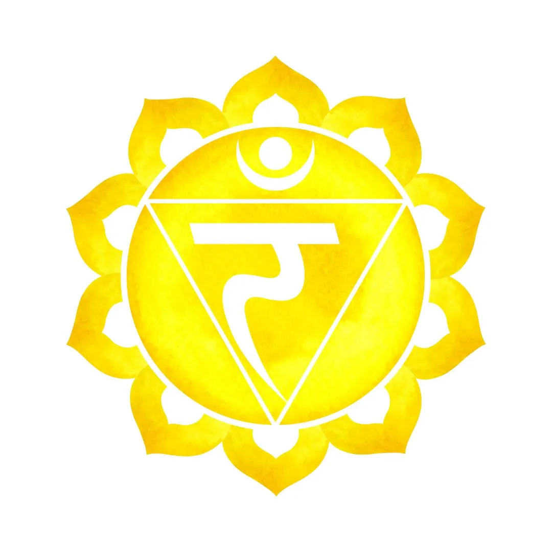 Symbole du chakra du plexus solaire, représentant la volonté, la confiance et la puissance intérieure, avec un lotus à dix pétales et une couleur jaune vibrante