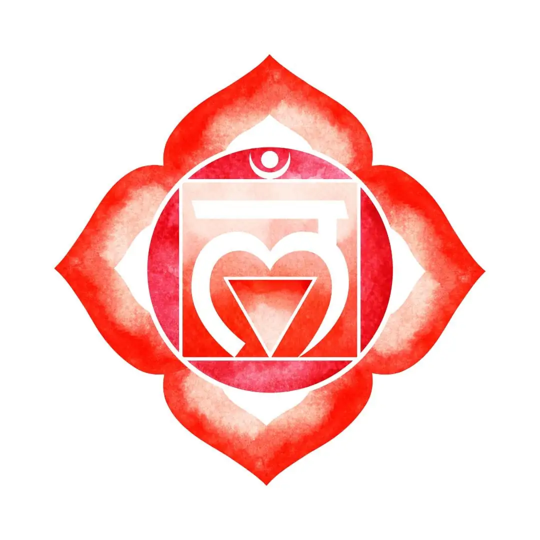 Symbole du chakra racine, représentant l'ancrage, la sécurité et la stabilité, avec un lotus à quatre pétales et une couleur rouge vibrante