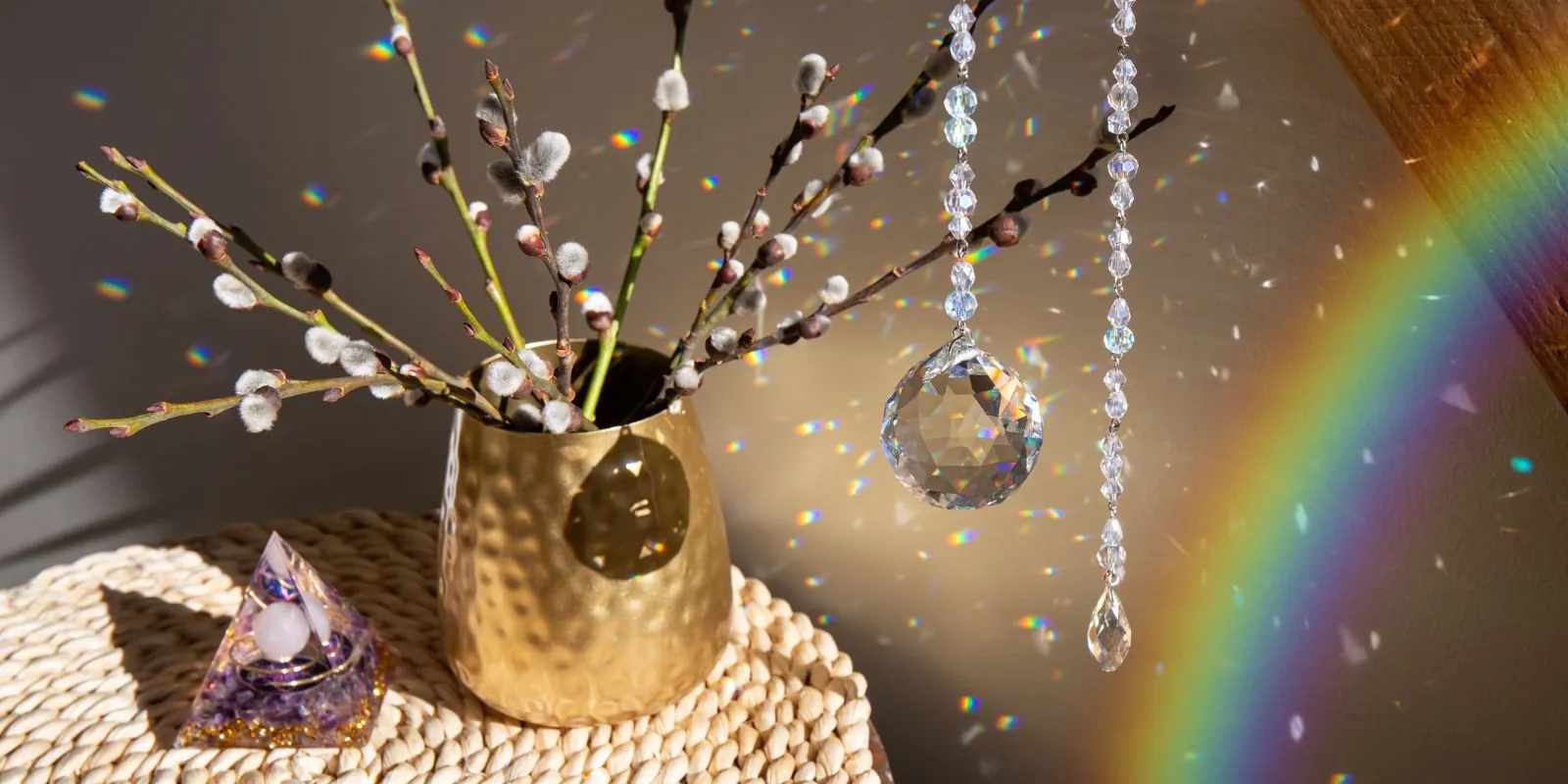 Arco iris luminoso creado por un parasol de cristal, una invitación a descubrir la colección Mandalashop