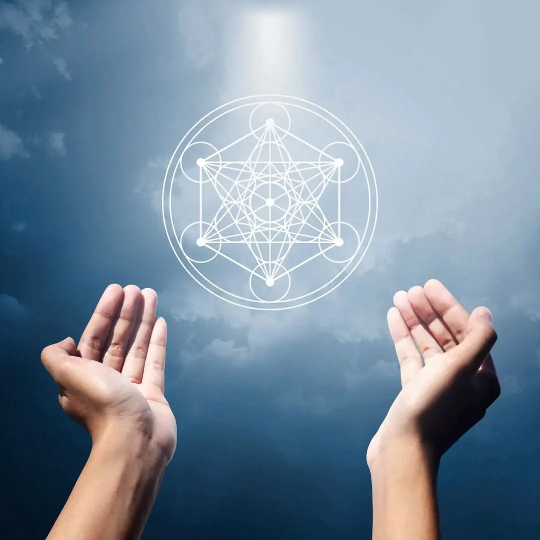 Prière à l'archange Métatron avec son symbole, invoquant l'harmonie divine et la guidance spirituelle