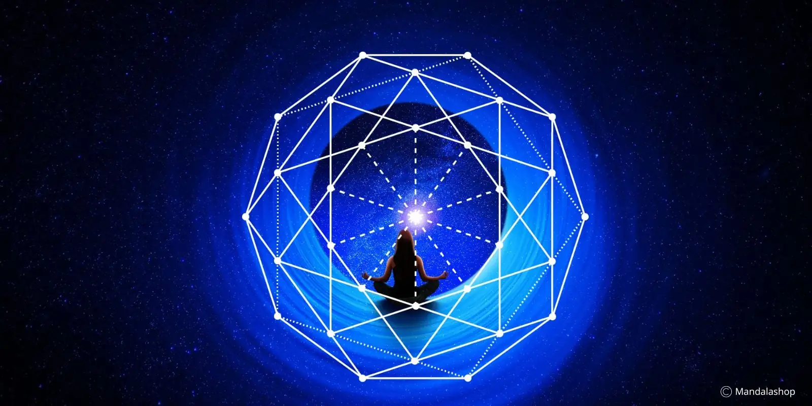 Donna che medita all'interno di un decagono, simbolo di equilibrio e armonia spirituale