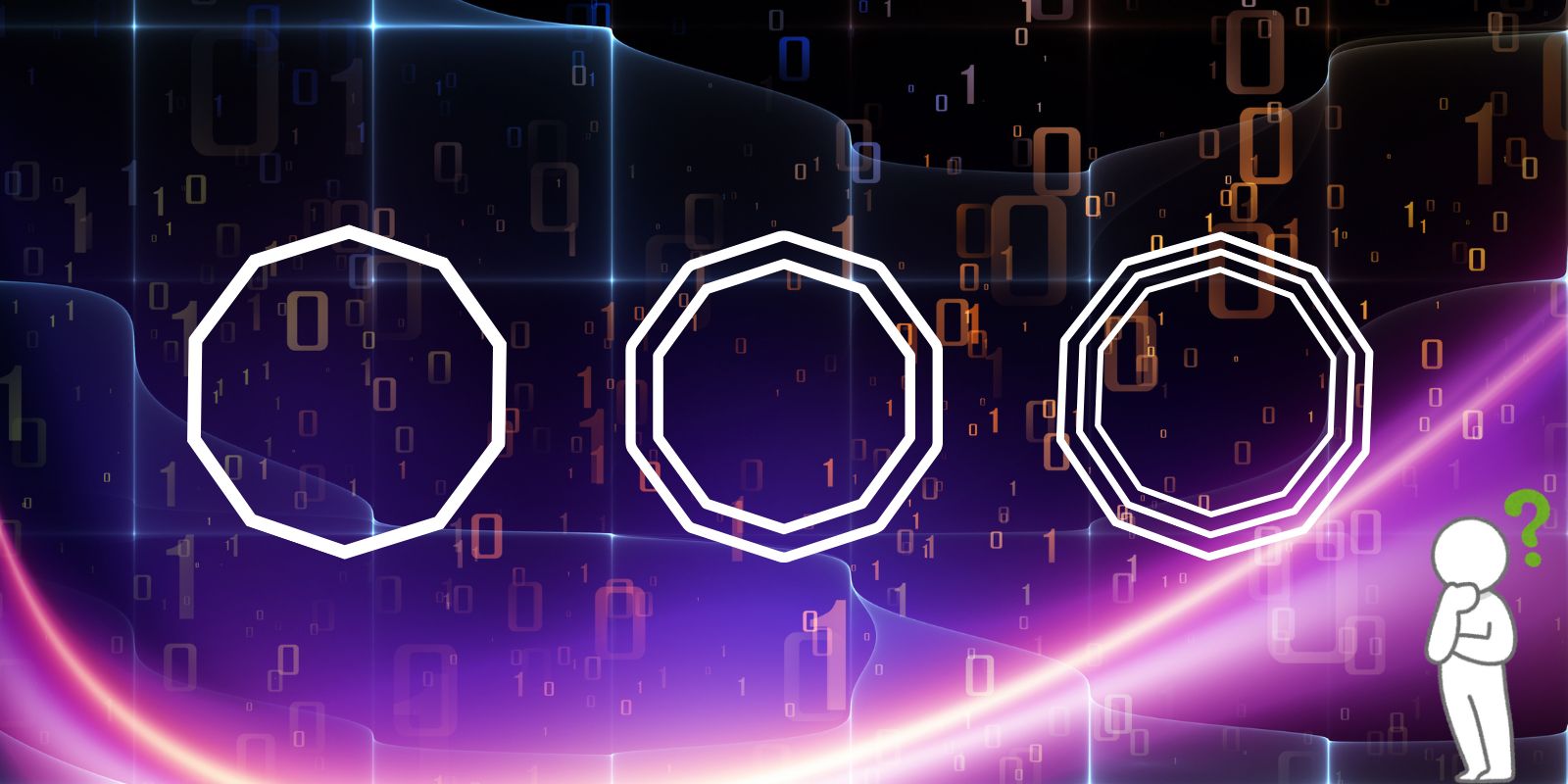 Meditative figure faced with the choice between single, double or triple decagon, symbol of sacred geometry