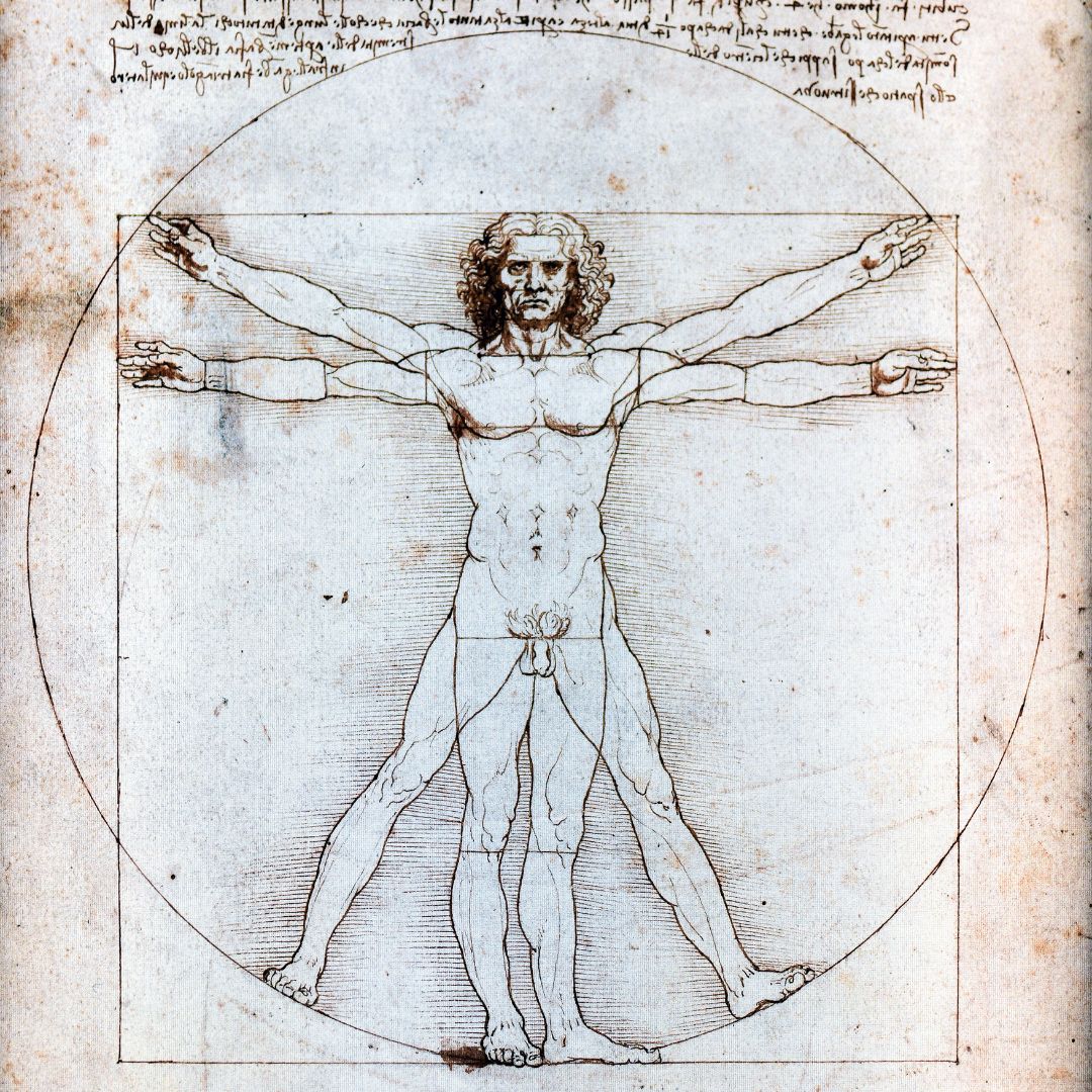 El Hombre de Vitruvio de Leonardo da Vinci inscrito dentro de un círculo y un cuadrado que ilustran el simbolismo del círculo y la unidad