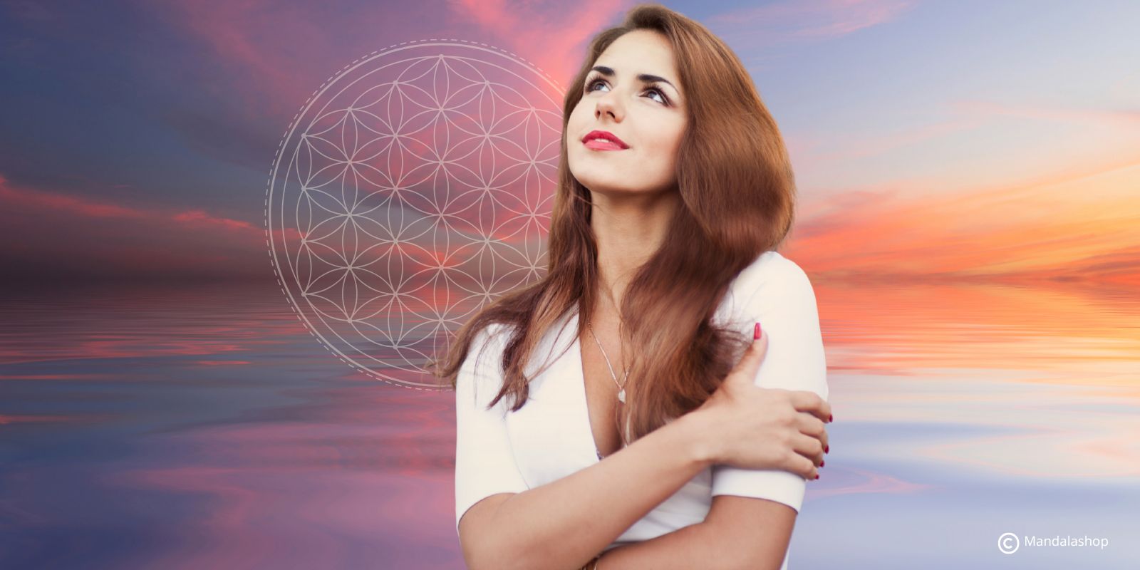 Thoughtful woman gazing at the sky with a flower of life in the background, symbolizing the spiritual quest and connection to the universe.
