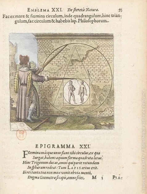 Grabado alquímico de Michael Maier, Emblema XXI, que representa el simbolismo del círculo y la cuadratura del círculo