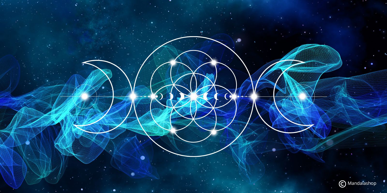 Symbolizing the triple moon with the seed of life at the center, on a vibrant starry background, representing the sacred feminine and cosmic harmony.