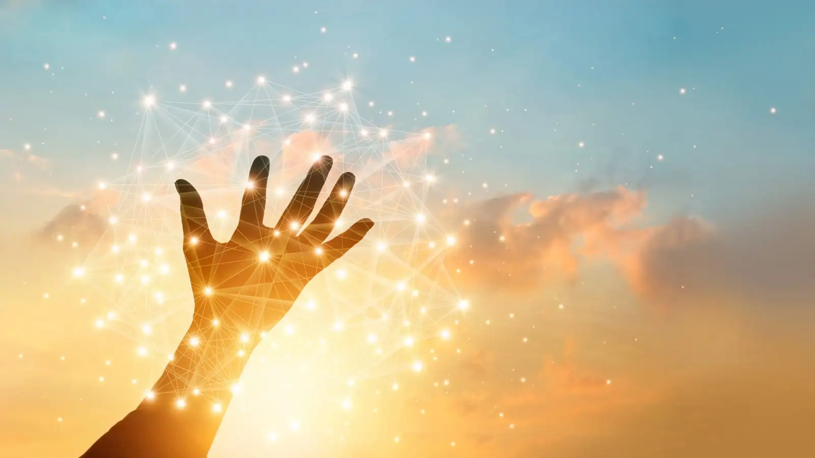 Zum Himmel ausgestreckte Hand mit Lichtverbindungen rundherum, die spirituelle Verbindung, Energieerhöhung und innere Harmonisierung symbolisieren