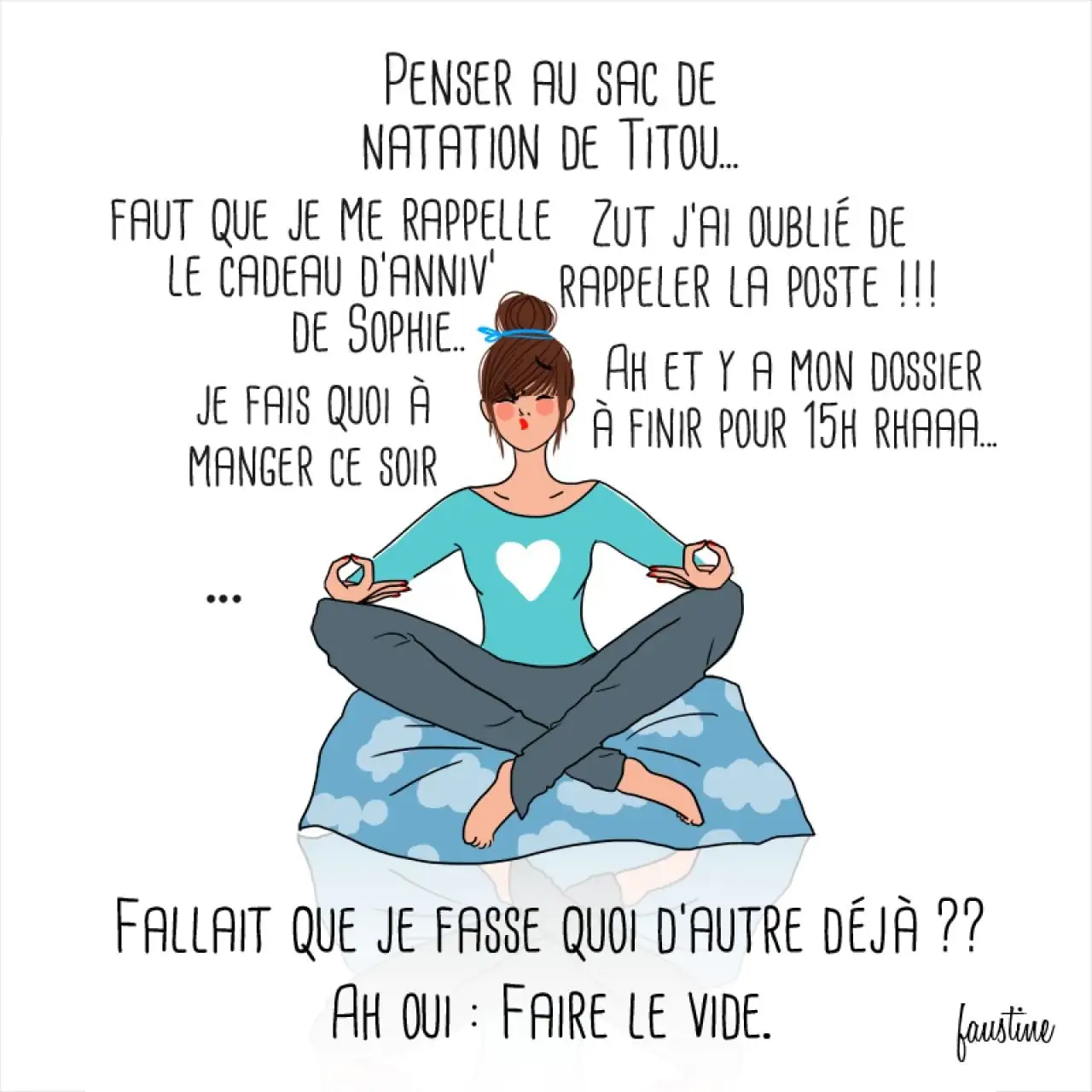 Dessin d'une femme assise en méditation, visualisant ses tâches à accomplir, symbolisant l'équilibre entre la paix intérieure et les préoccupations quotidiennes
