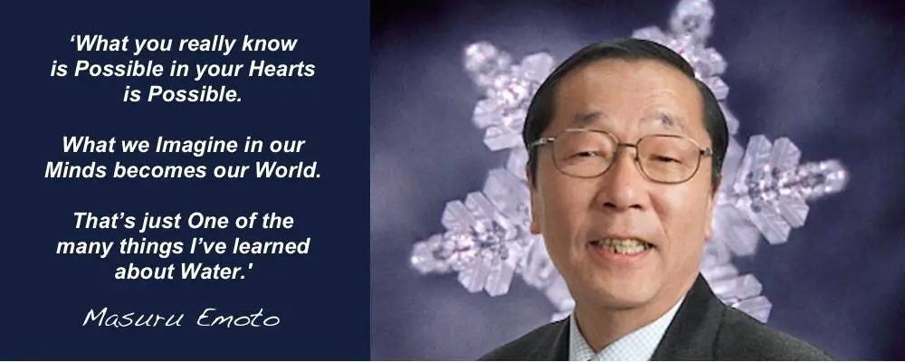 Fotografía de Masaru Emoto con una cita inspiradora, destacando sus descubrimientos sobre el poder del agua y el impacto de las emociones