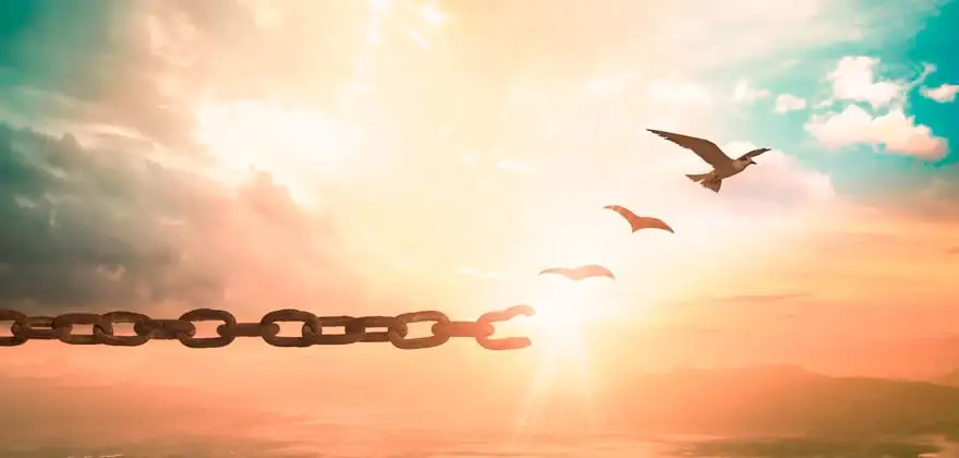 Eine Kette, die zerbricht, wobei sich die letzten Glieder in Vögel verwandeln, die davonfliegen und Freiheit, Emanzipation und die Rückkehr zu sich selbst in einer chaotischen Welt symbolisieren