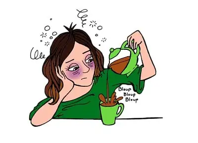 Dibujo de una mujer cansada que se despierta sirviéndose un café, simbolizando la búsqueda de comodidad y energía por la mañana para comenzar el día