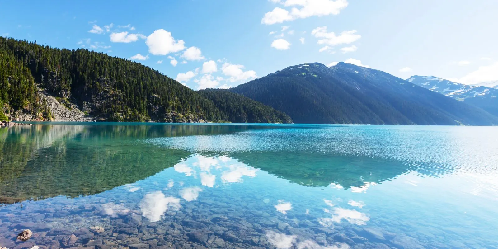 Von Bergen umgebener See mit sehr ruhigem Wasser, das Gelassenheit, Ruhe und Loslassen symbolisiert