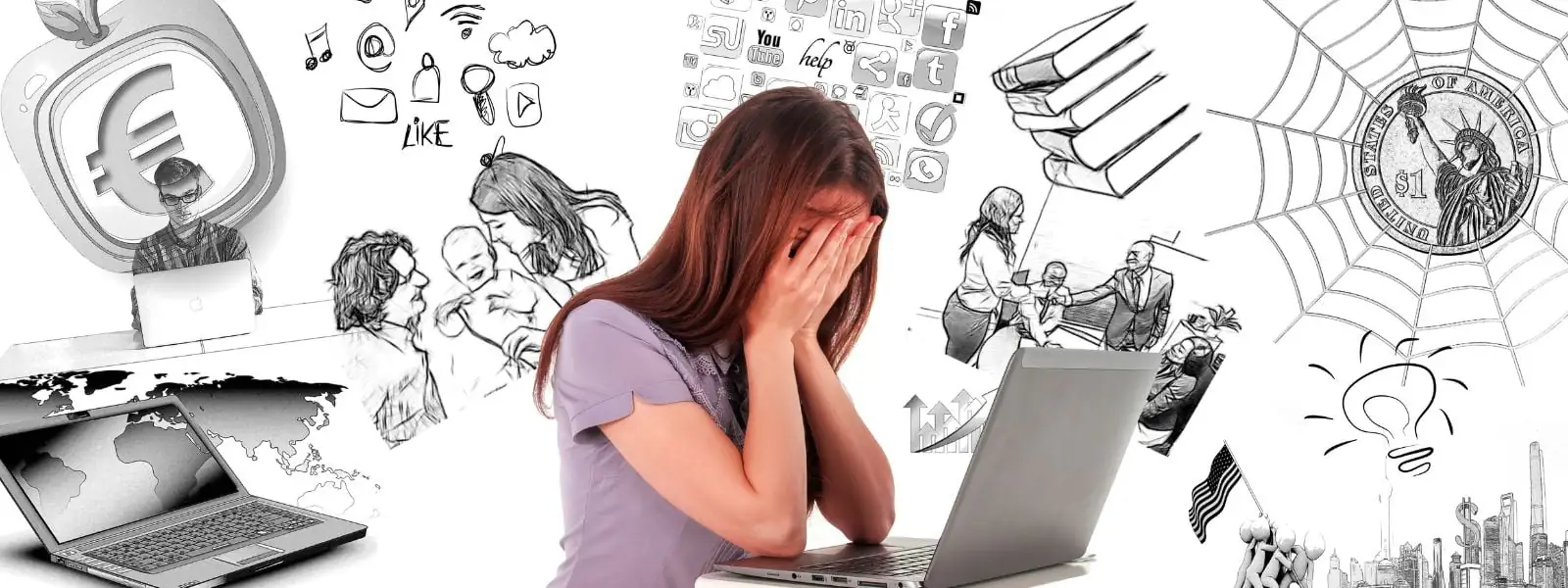 Frau vor ihrem Computer, die Hände über den Augen, symbolisiert Stress, geistige Überlastung und die Sorge um die Bewältigung der täglichen Aufgaben