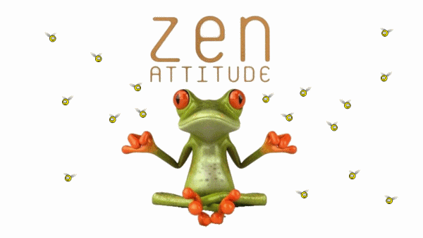 Dibujo de una rana meditando con la palabra "Actitud zen" escrita encima, que simboliza la paz interior, la serenidad y la práctica del dejarse llevar