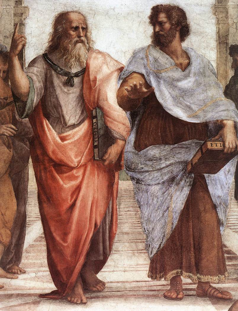 Platon et Aristote dans L’École d’Athènes, symboles de la sagesse intérieure et de la pensée éthique (phronesis)