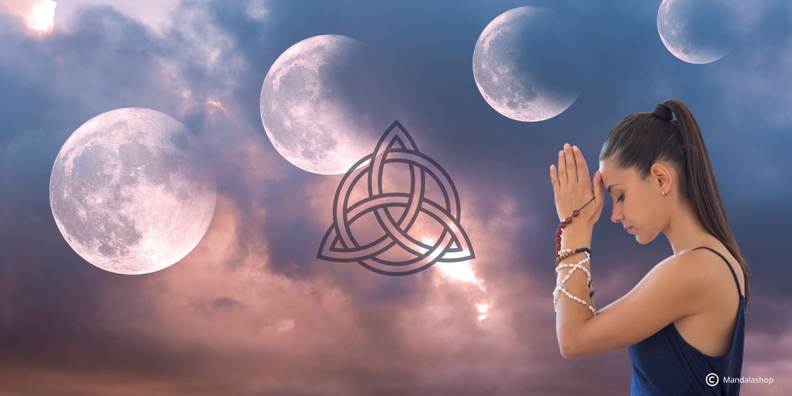 Woman praying before the phases of the moon and a Triquetra, representing the feminine cycle and spiritual wisdom