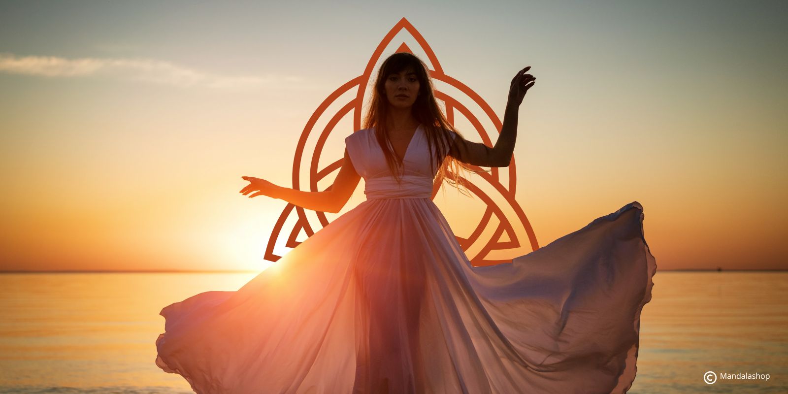 Woman by the sea at sunset with a glowing Triquetra in the background, symbolizing transformation
