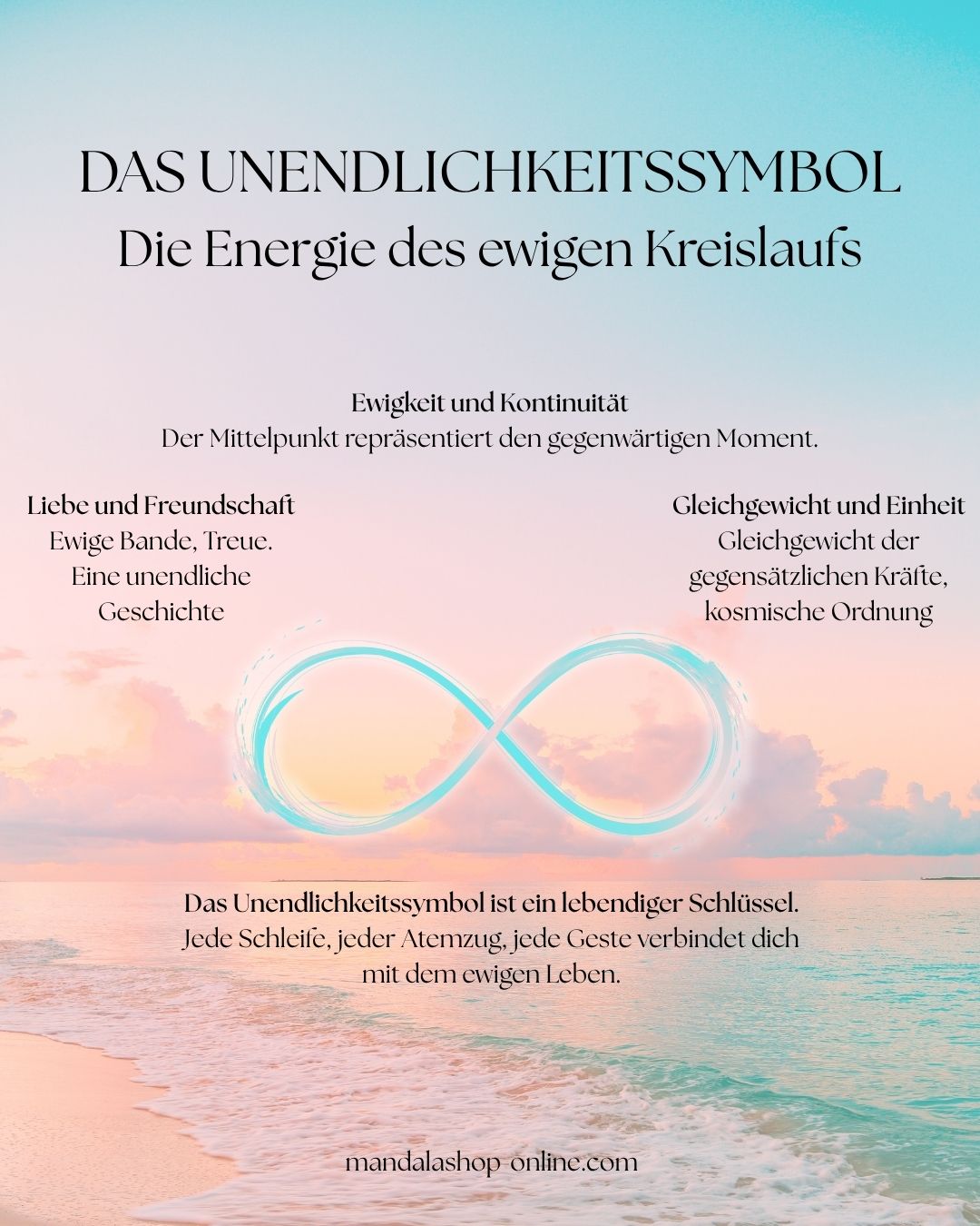 Infografik über die Bedeutung des Unendlichkeitssymbols, die das Gleichgewicht, die ewige Liebe und die Energie des ewigen Kreislaufs veranschaulicht