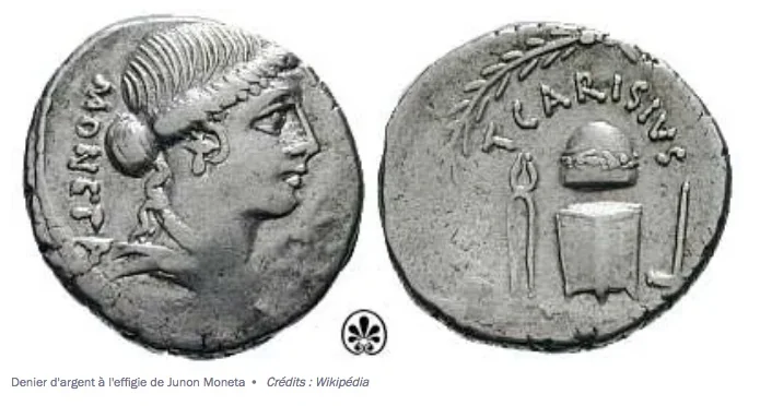 Silver denarius bearing the image of Juno Moneta, goddess of money and currency in Roman mythology