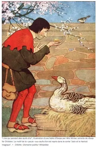 Illustration of a mythological goose laying golden eggs, symbolizing wealth and prosperity