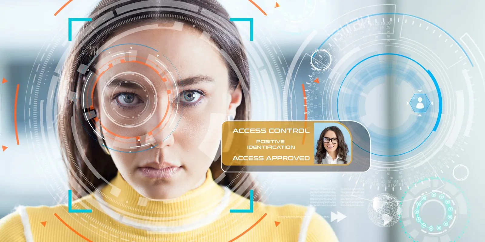 Identificazione di una donna tramite l'occhio, a simboleggiare il riconoscimento biometrico e l'uso di caratteristiche uniche per l'identificazione