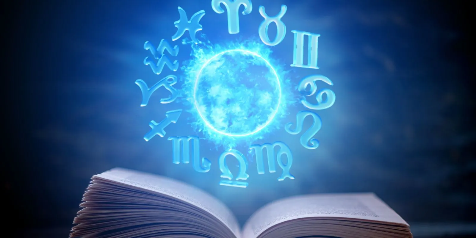 Libro aperto con una palla luminosa sopra, circondata dai segni dello zodiaco, che simboleggia la conoscenza mistica e l'influenza delle stelle sull'universo