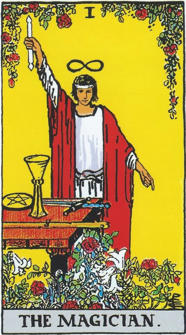 Carte de tarot du Magicien, représentant la maîtrise des éléments, la créativité et la capacité à manifester ses désirs dans le monde matériel