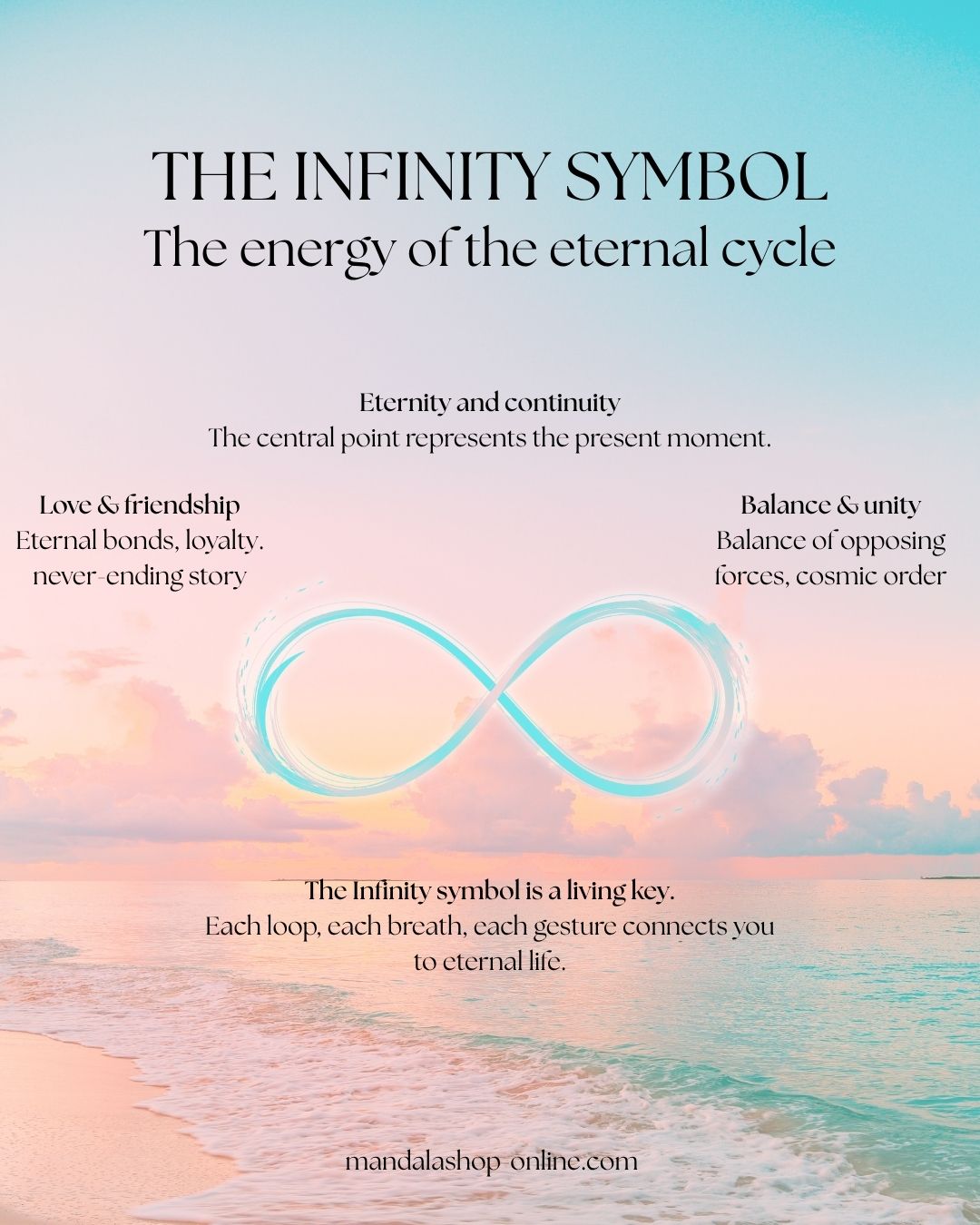 Infographic on the meaning of the infinity symbol, illustrating balance, eternal love and the energy of the eternal cycle
