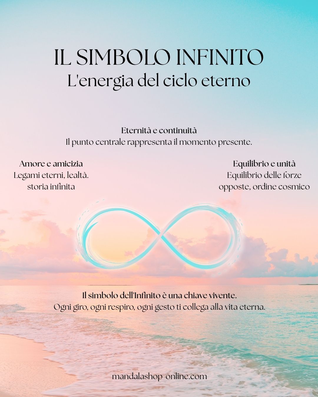 Infografica sul significato del simbolo dell'infinito, che illustra l'equilibrio, l'amore eterno e l'energia del ciclo eterno