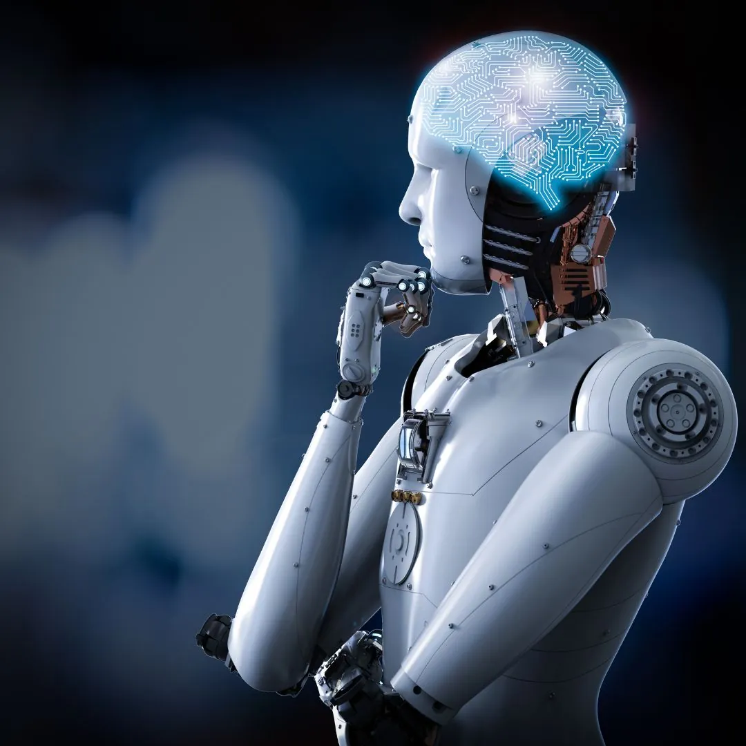 Robot semblant réfléchir, symbolisant l'intelligence artificielle, la capacité de raisonnement et de prise de décision des machines