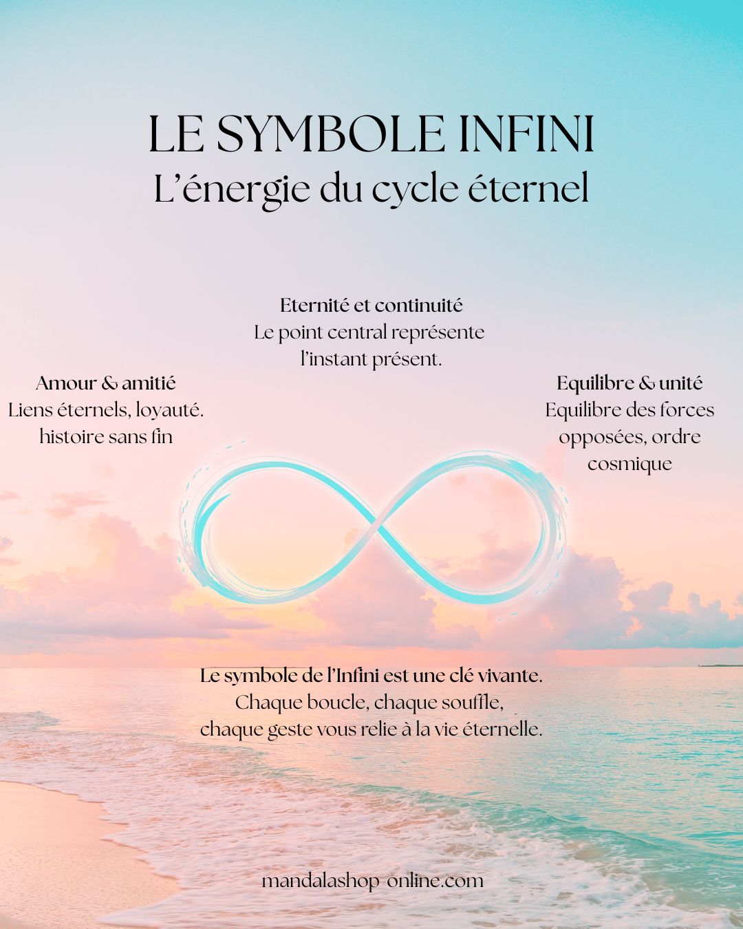 Infographie sur la signification du symbole de l’infini, illustrant l’équilibre, l’amour éternel et l’énergie du cycle éternel