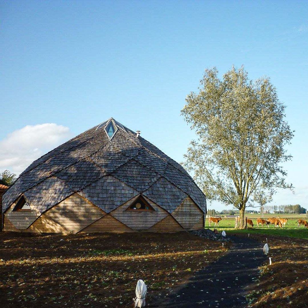 Zome en bois construit par Alterhabitat en milieu rural, habitat écologique et géométrie sacrée en harmonie